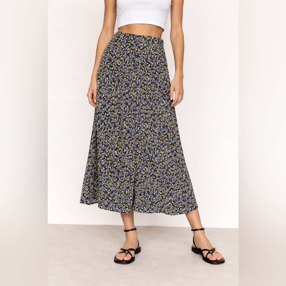 ZARA Black Floral Button Front Midi Skirt Size S